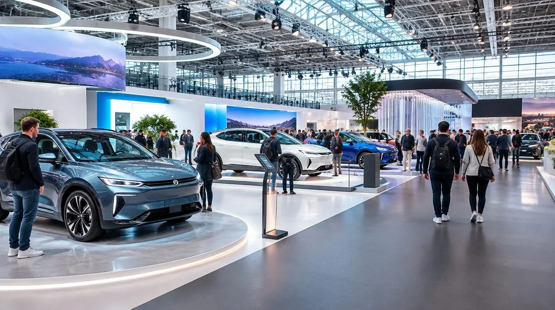 Vue d'ensemble d'un grand salon automobile : halls lumineux, voitures électriques et visiteurs