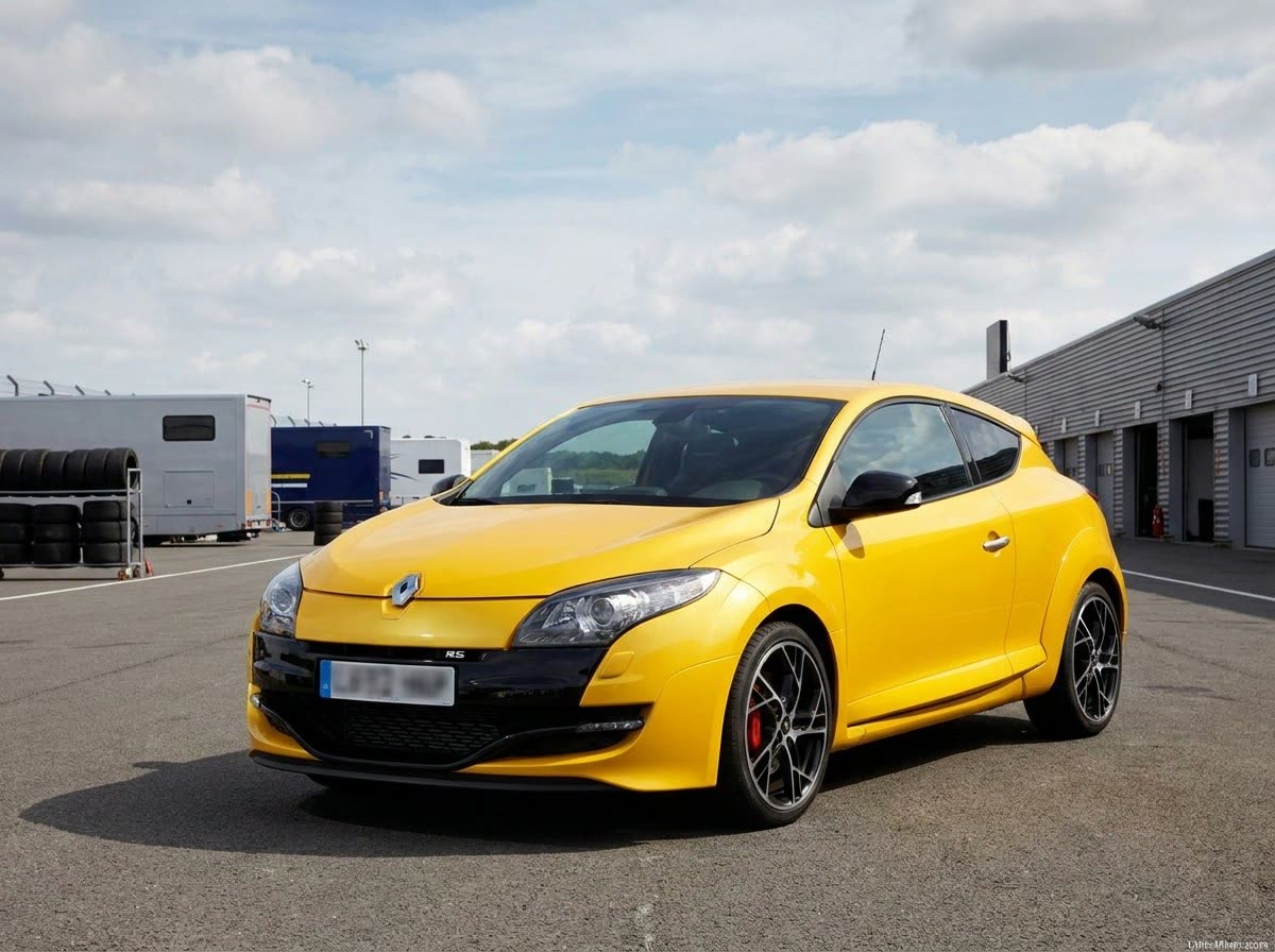 Renault Mégane 3 RS jaune dans un paddock de circuit