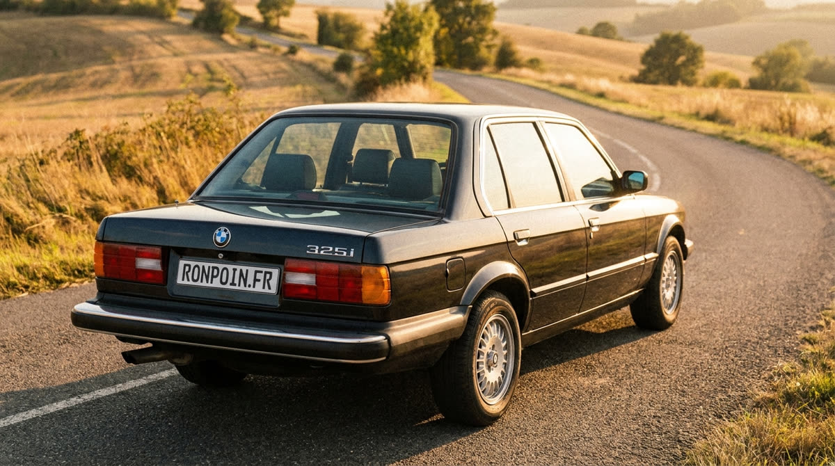 BMW 325i E30 noire vue de trois quarts arrière sur une route de campagne dorée, plaque RONPOIN.FR
