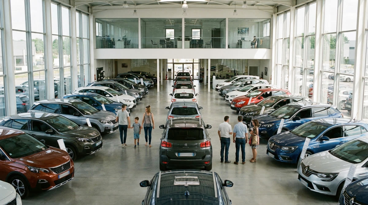 Vaste showroom automobile avec des files de véhicules neufs et récents exposés