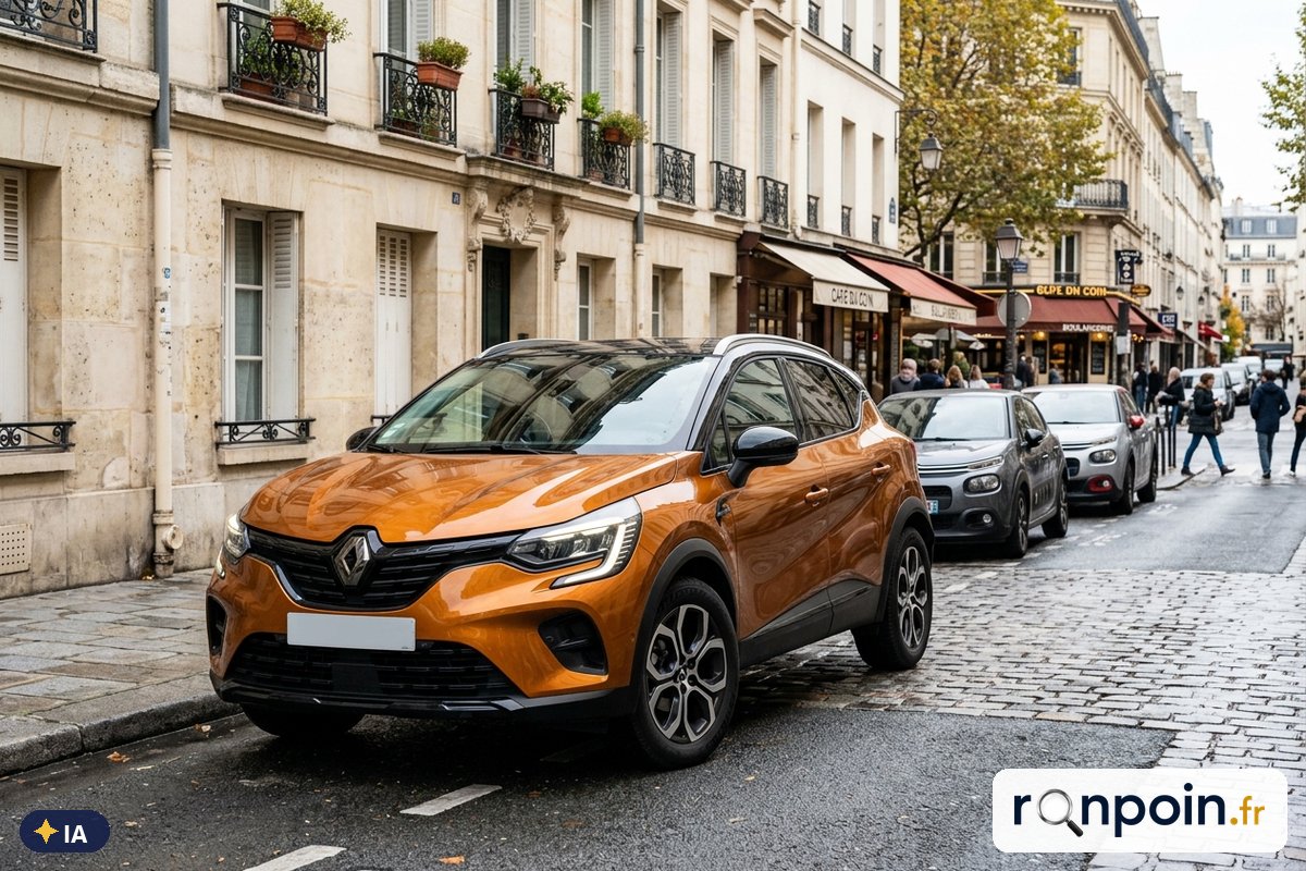 Image générée par intelligence artificielle Renault Captur II orange et noir de trois quarts avant — illustration générée par IA